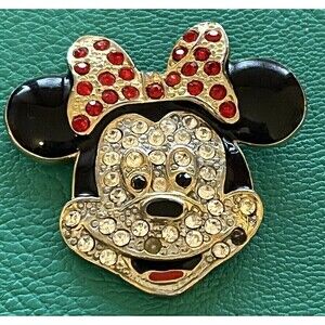 Minnie Mouse Face Crystal Rhinestone Enamel Pin Brooch Pendant Marked Disney